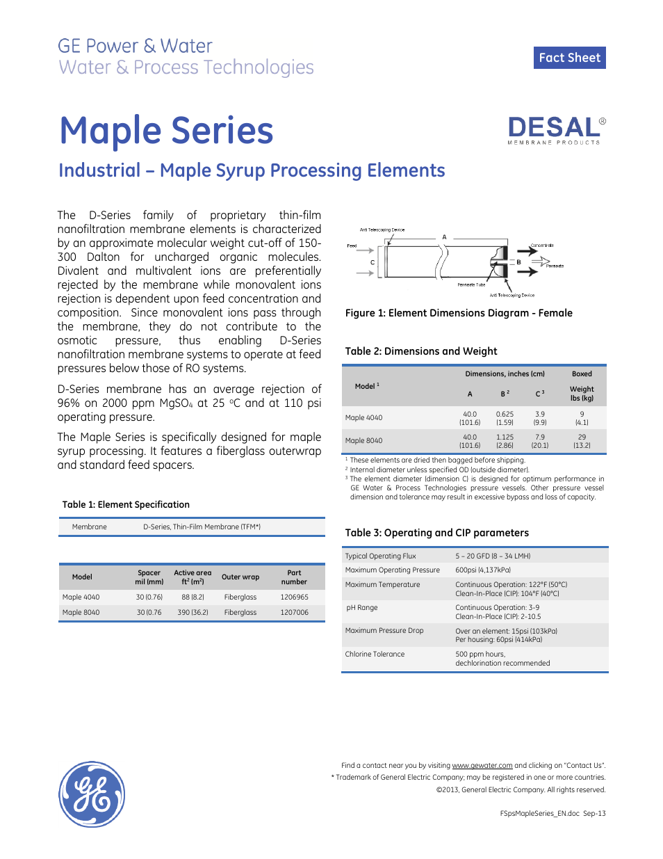 GE P&W Spiral Wound Membranes - Maple Series User Manual | 1 page