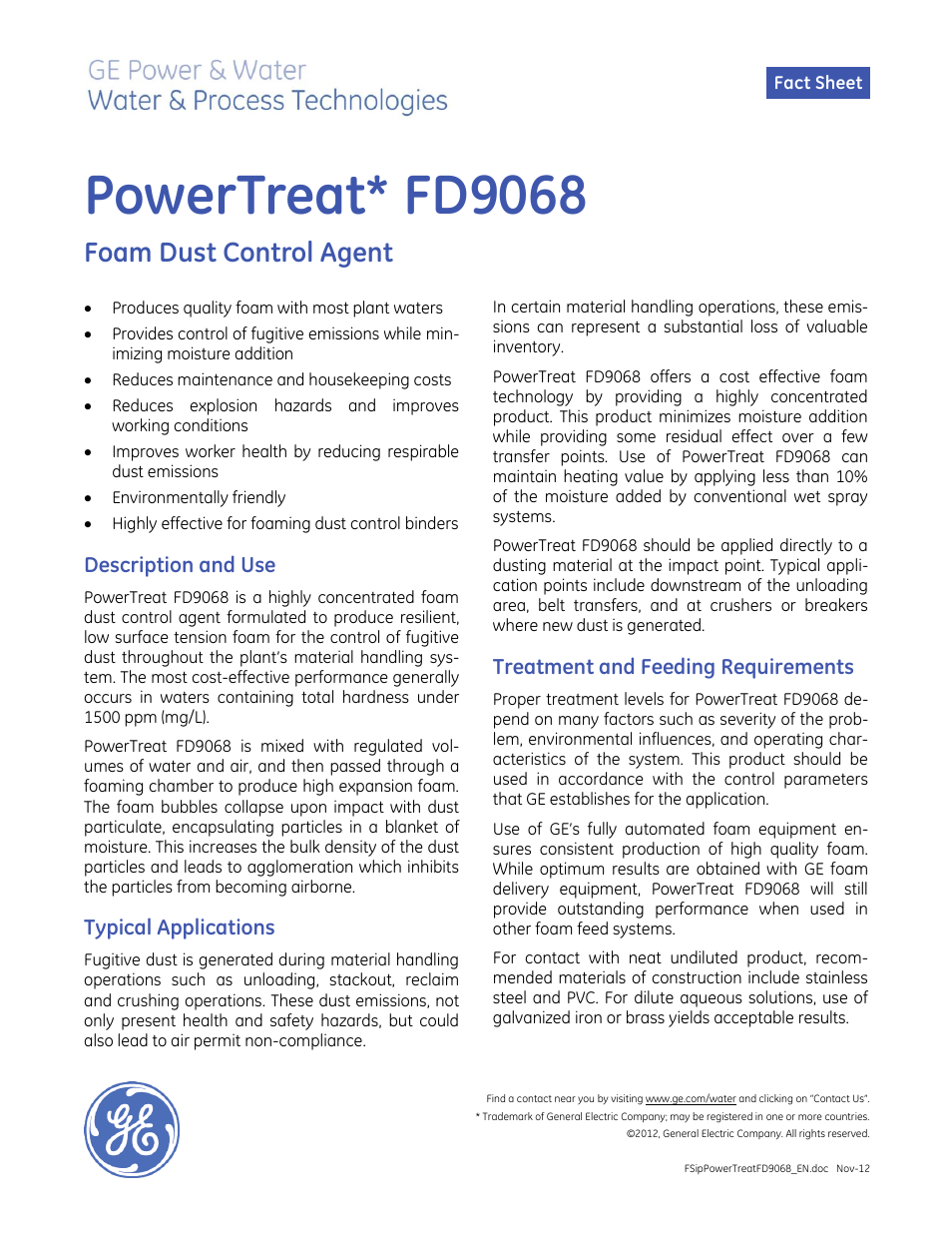 GE P&W PowerTreat FD9068 User Manual | 2 pages