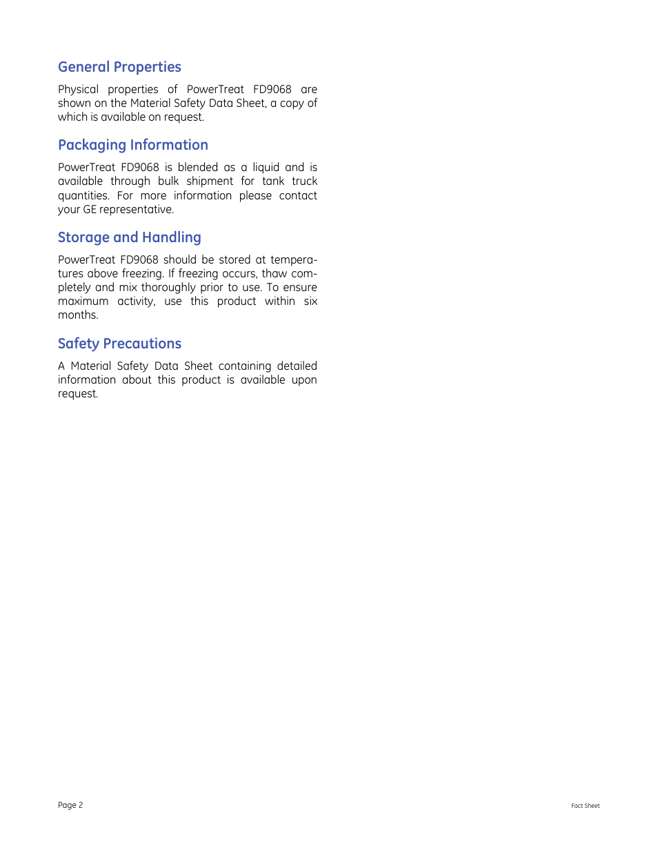 General properties, Packaging information, Storage and handling | Safety precautions | GE P&W PowerTreat FD9068 User Manual | Page 2 / 2