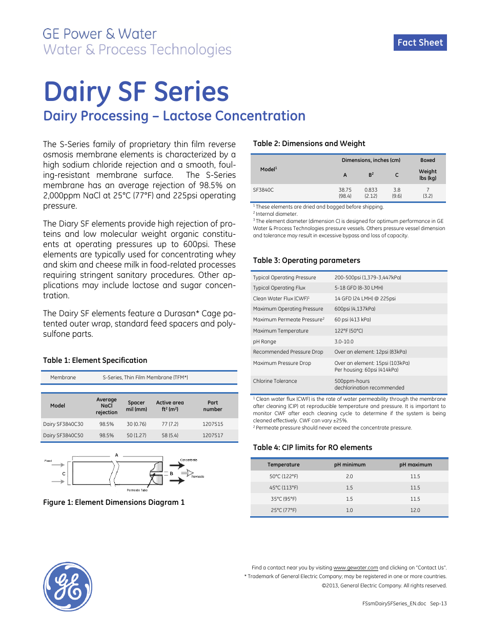 GE P&W Spiral Wound Membranes - Dairy SF Series User Manual | 1 page