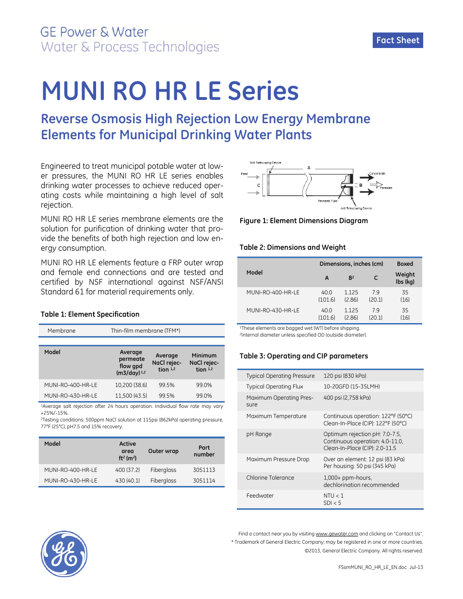 GE P&W Spiral Wound Membranes - MUNI RO HR LE Series User Manual | 1 page