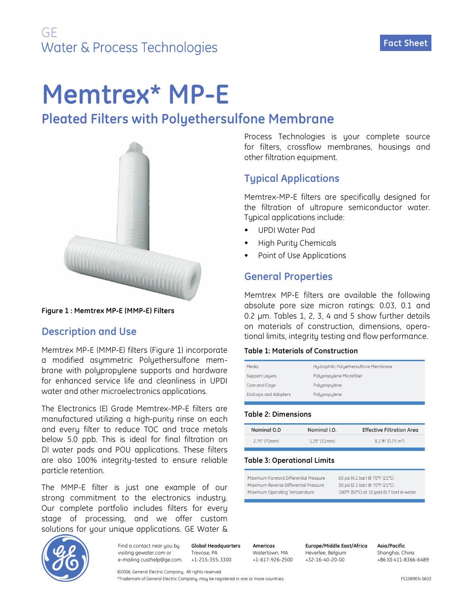 GE P&W Pleated Filters - Memtrex MP-E Pleated Filters User Manual | 2 pages