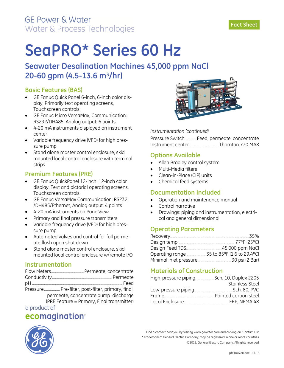 GE P&W SeaPRO Series 60 Hz 45,000 ppm NaCl 20-60 gpm User Manual | 2 pages