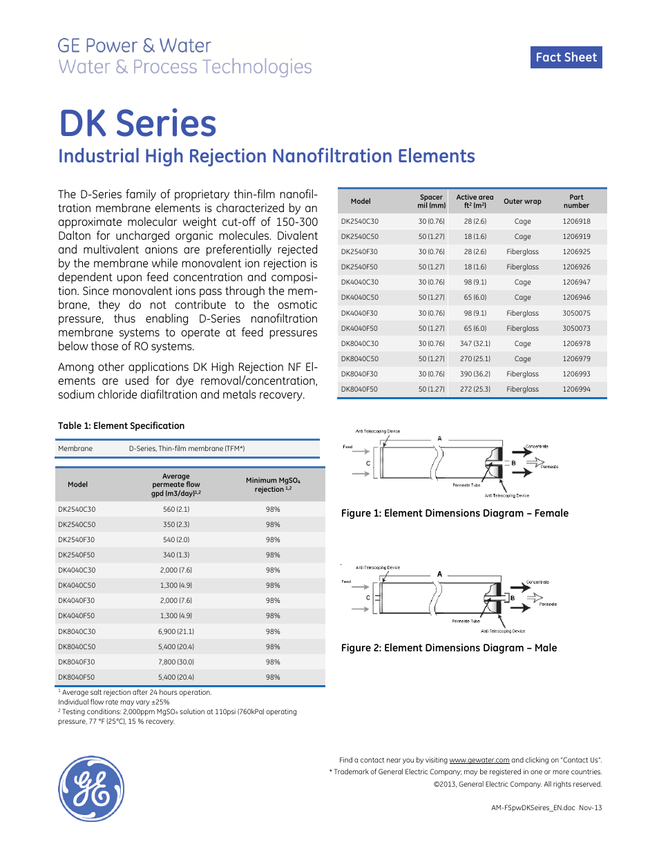 GE P&W Spiral Wound Membranes - DK Series User Manual | 2 pages