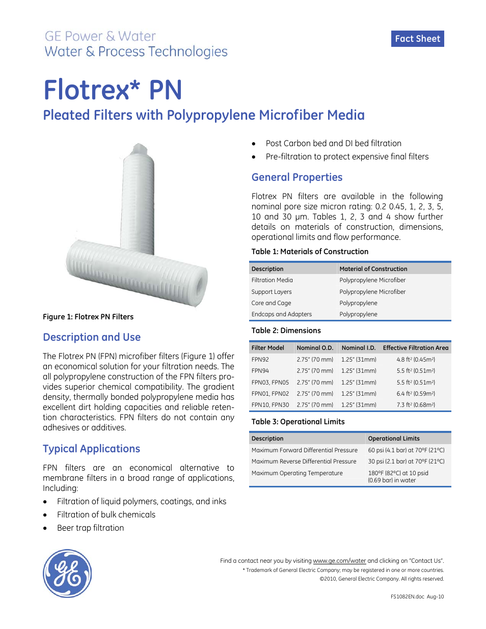 GE P&W Pleated Filters - Flotrex PN Pleated Filters User Manual | 2 pages