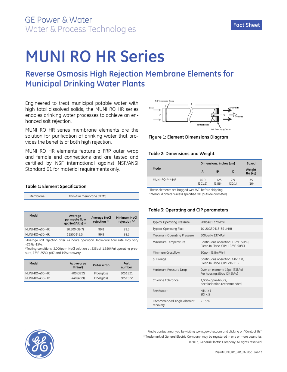 GE P&W Spiral Wound Membranes - MUNI RO HR Series User Manual | 1 page