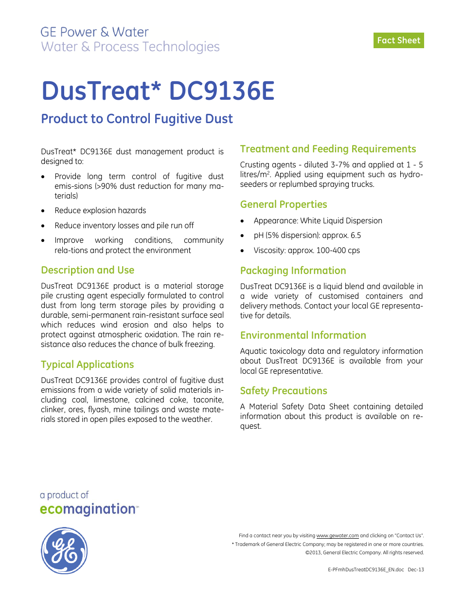 GE P&W CoalPlus - DusTreat DC9136E User Manual | 1 page
