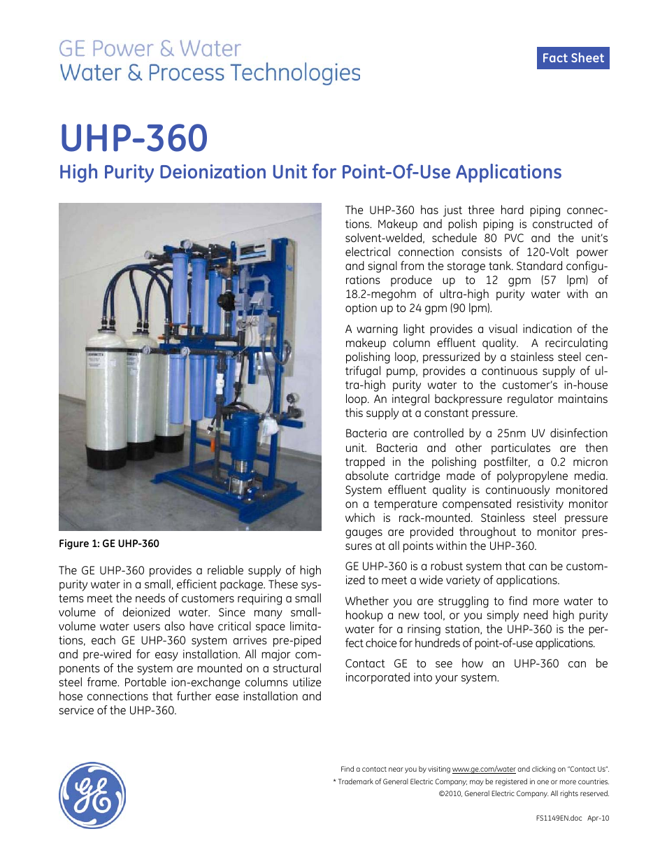 GE P&W Service Deionization (SDI) - UHP-360 User Manual | 2 pages