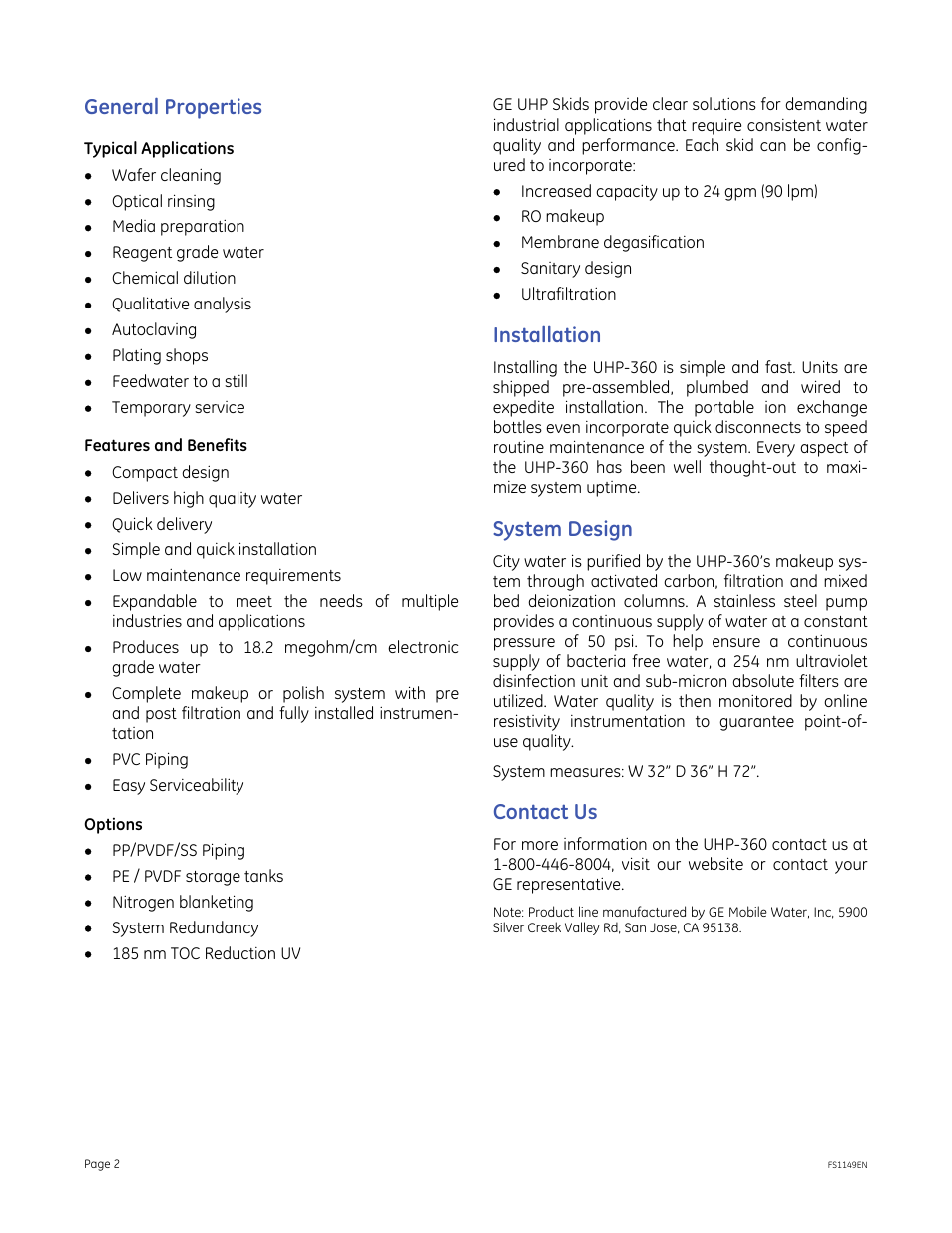 General properties, Installation, System design | Contact us | GE P&W Service Deionization (SDI) - UHP-360 User Manual | Page 2 / 2