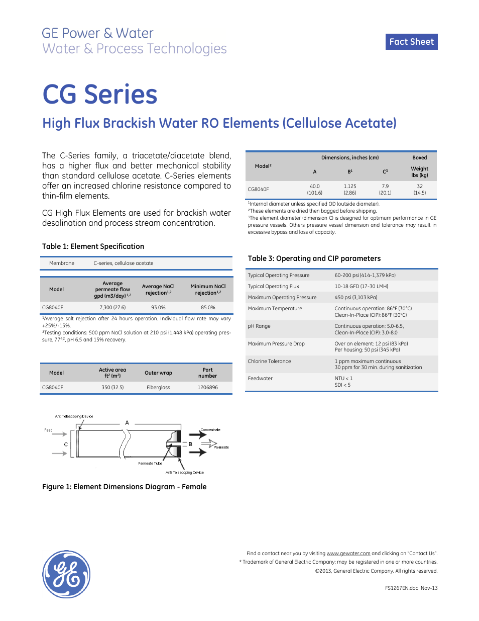 GE P&W Spiral Wound Membranes - CG Series User Manual | 1 page