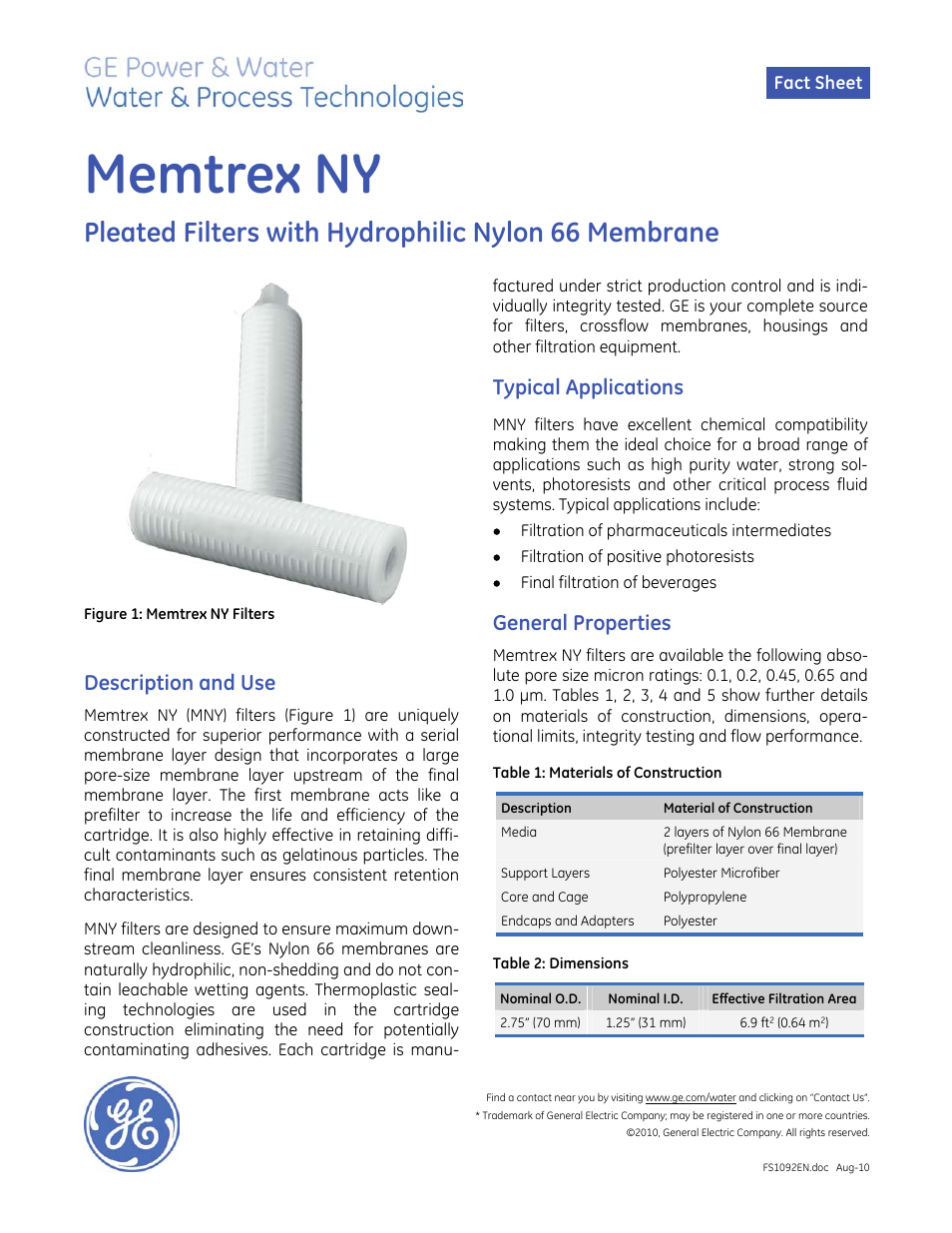 GE P&W Pleated Filters - Memtrex NY Pleated Filters User Manual | 2 pages