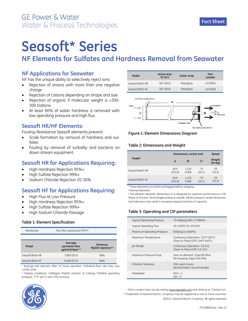GE P&W Spiral Wound Membranes - Seasoft Series User Manual | 1 page