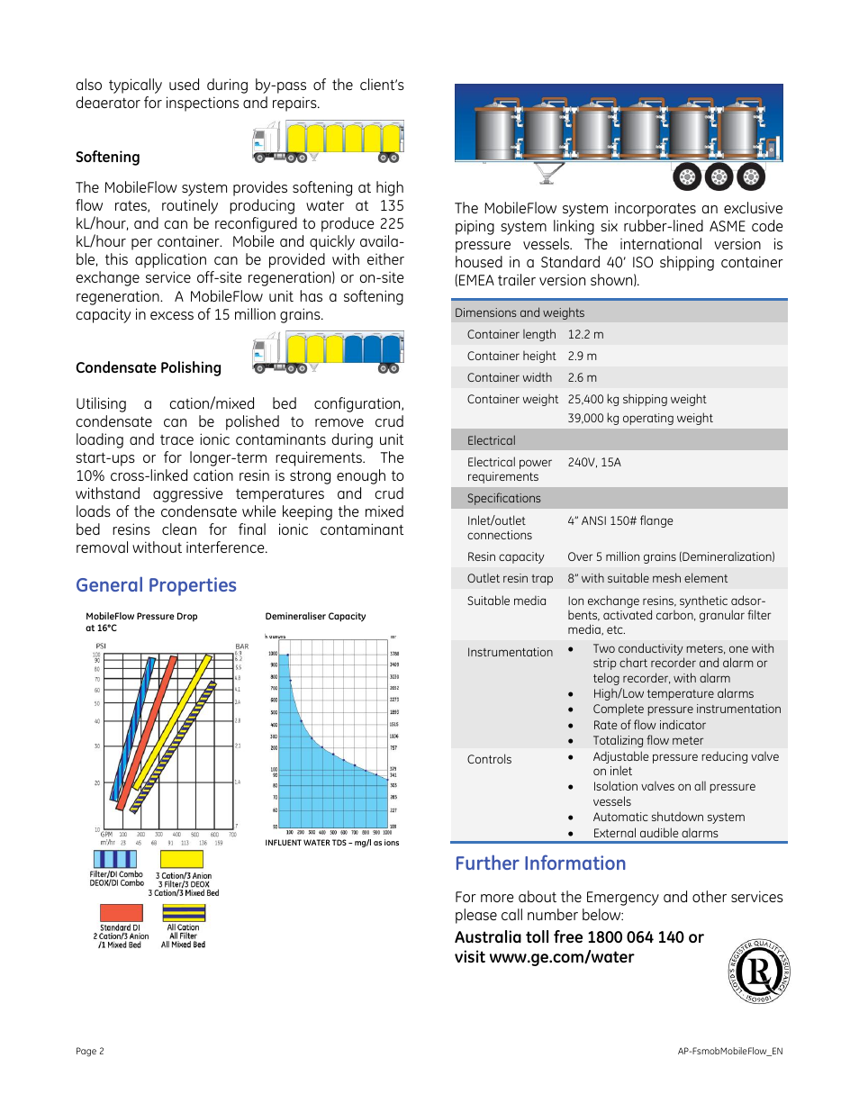 General properties, Further information | GE P&W Mobile Water Treatment Systems - MobileFlow Demineraliser User Manual | Page 2 / 2