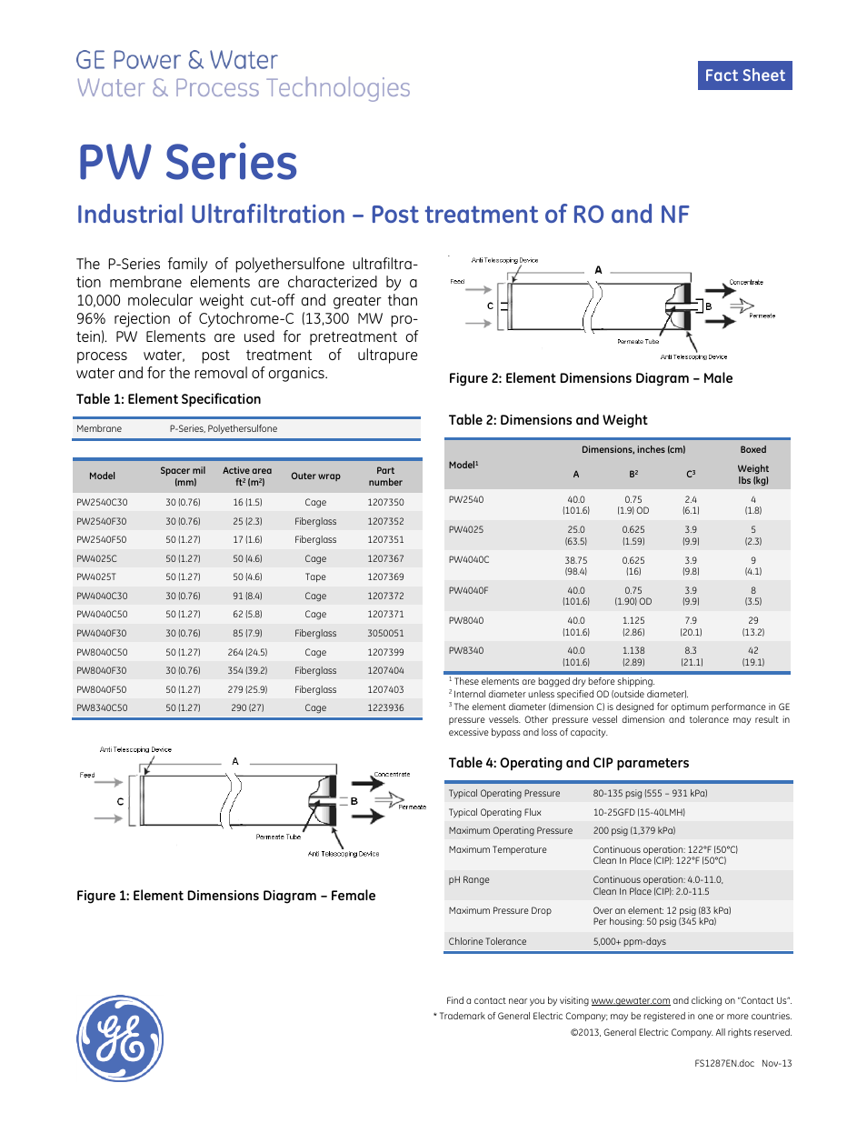 GE P&W Spiral Wound Membranes - PW Series User Manual | 1 page