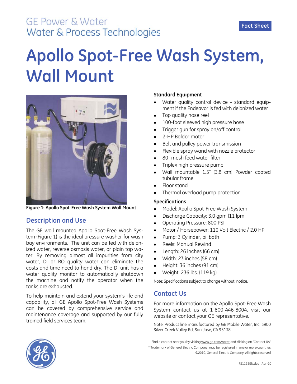 GE P&W Service Deionization (SDI) - Apollo Spot-Free Wash System, Wall Mount User Manual | 1 page