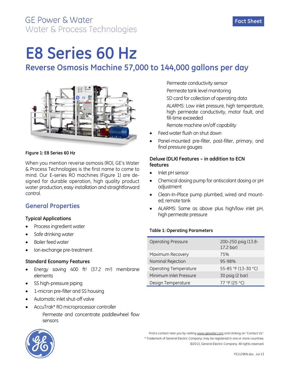 GE P&W E-Series Reverse Osmosis - E8 Series 60 Hz User Manual | 2 pages