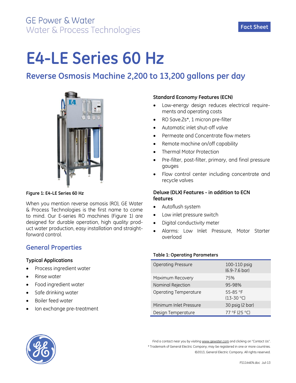 GE P&W E-Series Reverse Osmosis - E4 LE 60 Hz User Manual | 2 pages