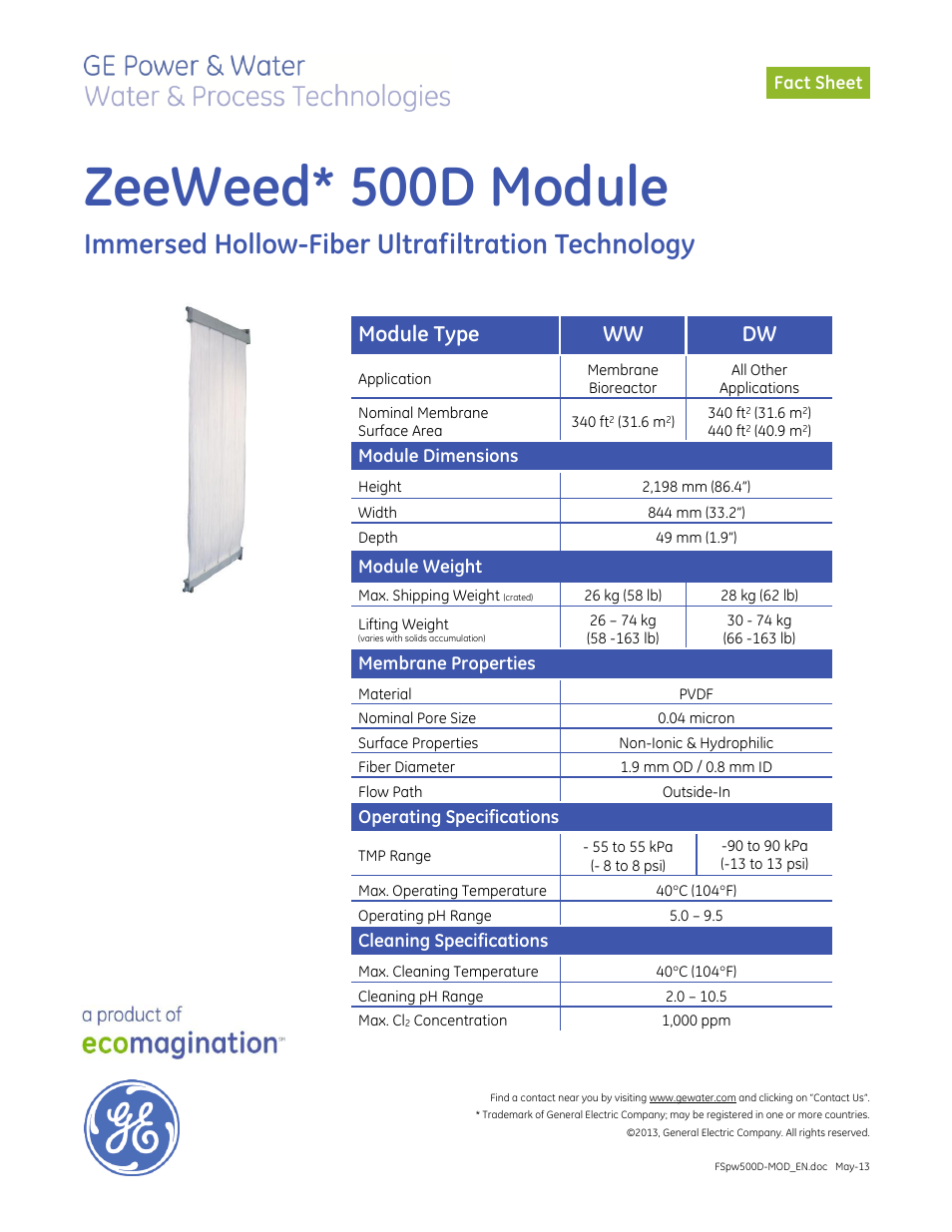 GE P&W ZeeWeed 500 Hollow-Fiber Membranes User Manual | 1 page