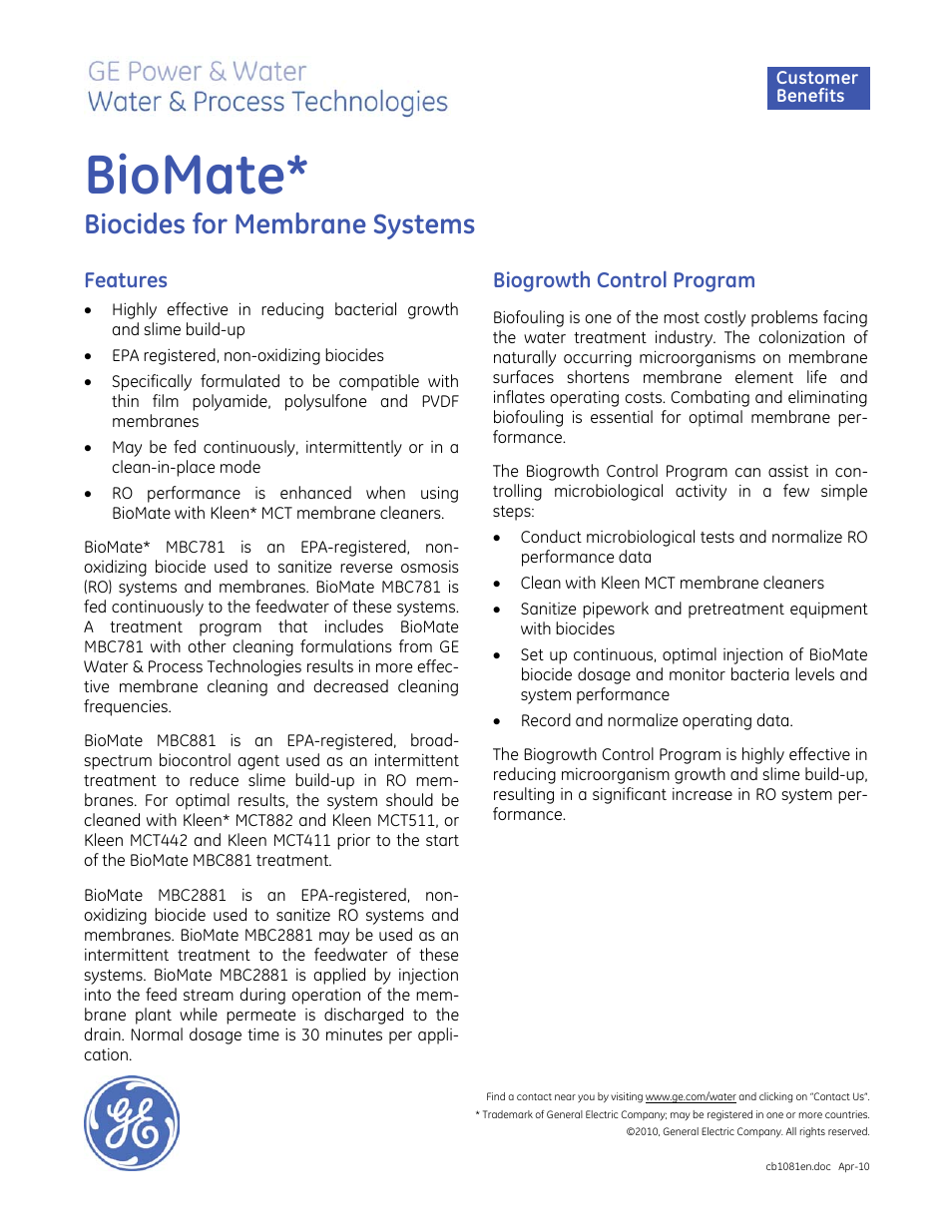 GE P&W Membrane Chemicals - BioMate User Manual | 1 page