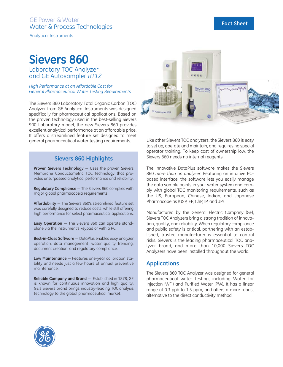 GE P&W Ultrapure and Drinking Water TOC Analyzers - Sievers 860 TOC Analyzer and GE Autosampler RT12 User Manual | 4 pages