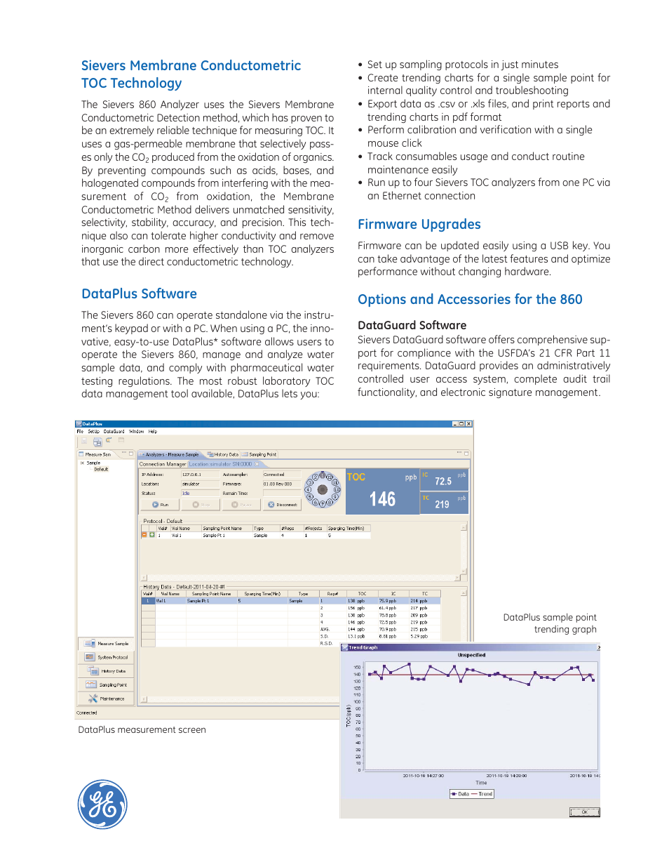 Sievers membrane conductometric toc technology, Dataplus software, Firmware upgrades | Options and accessories for the 860 | GE P&W Ultrapure and Drinking Water TOC Analyzers - Sievers 860 TOC Analyzer and GE Autosampler RT12 User Manual | Page 2 / 4