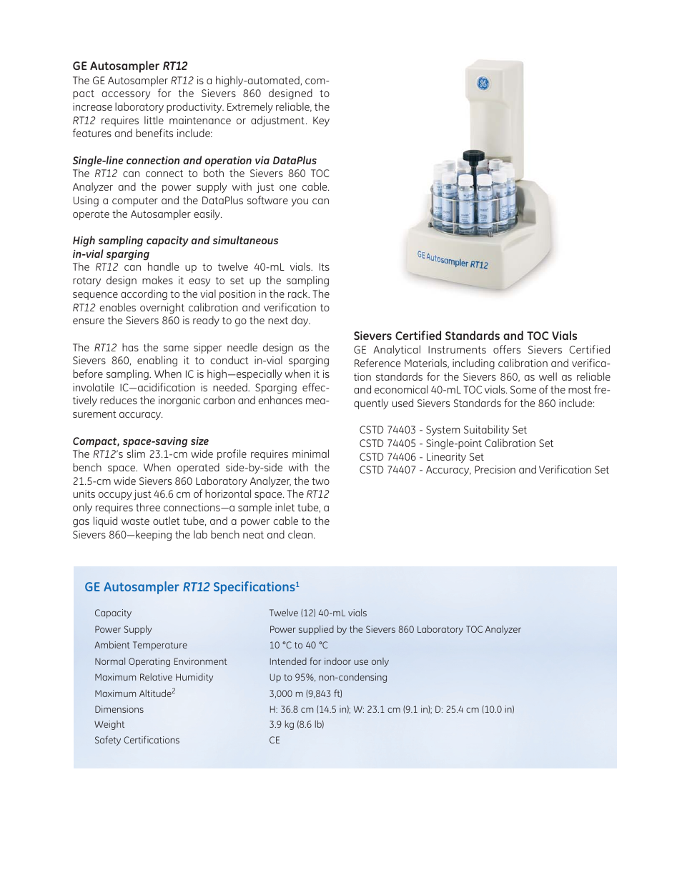 Ge autosampler rt12 specifications | GE P&W Ultrapure and Drinking Water TOC Analyzers - Sievers 860 TOC Analyzer and GE Autosampler RT12 User Manual | Page 3 / 4