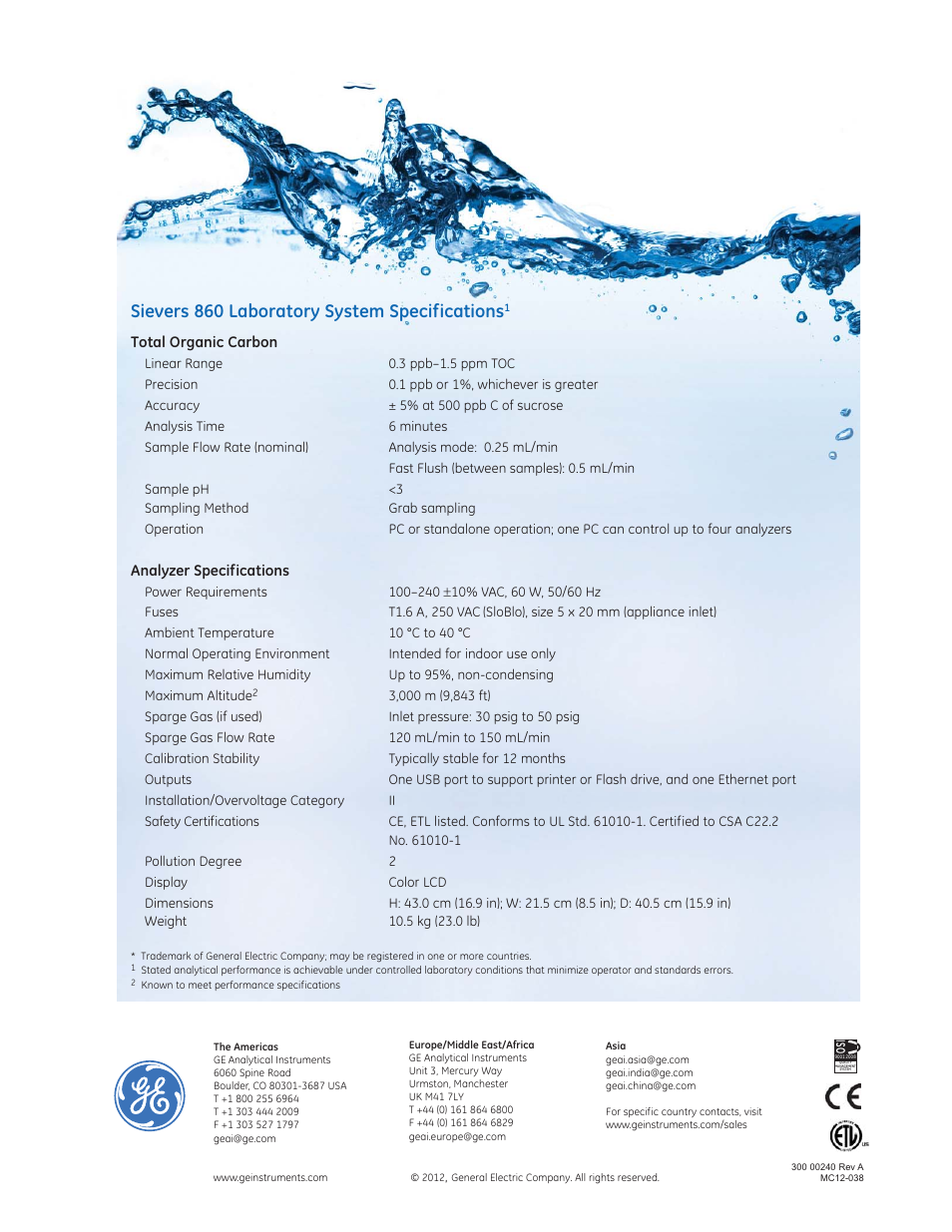 Sievers 860 laboratory system specifications | GE P&W Ultrapure and Drinking Water TOC Analyzers - Sievers 860 TOC Analyzer and GE Autosampler RT12 User Manual | Page 4 / 4