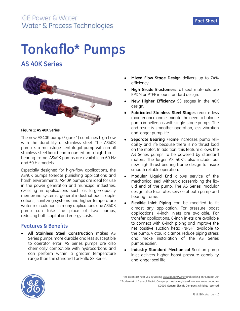 GE P&W Tonkaflo - Pumps AS 40K Series User Manual | 2 pages