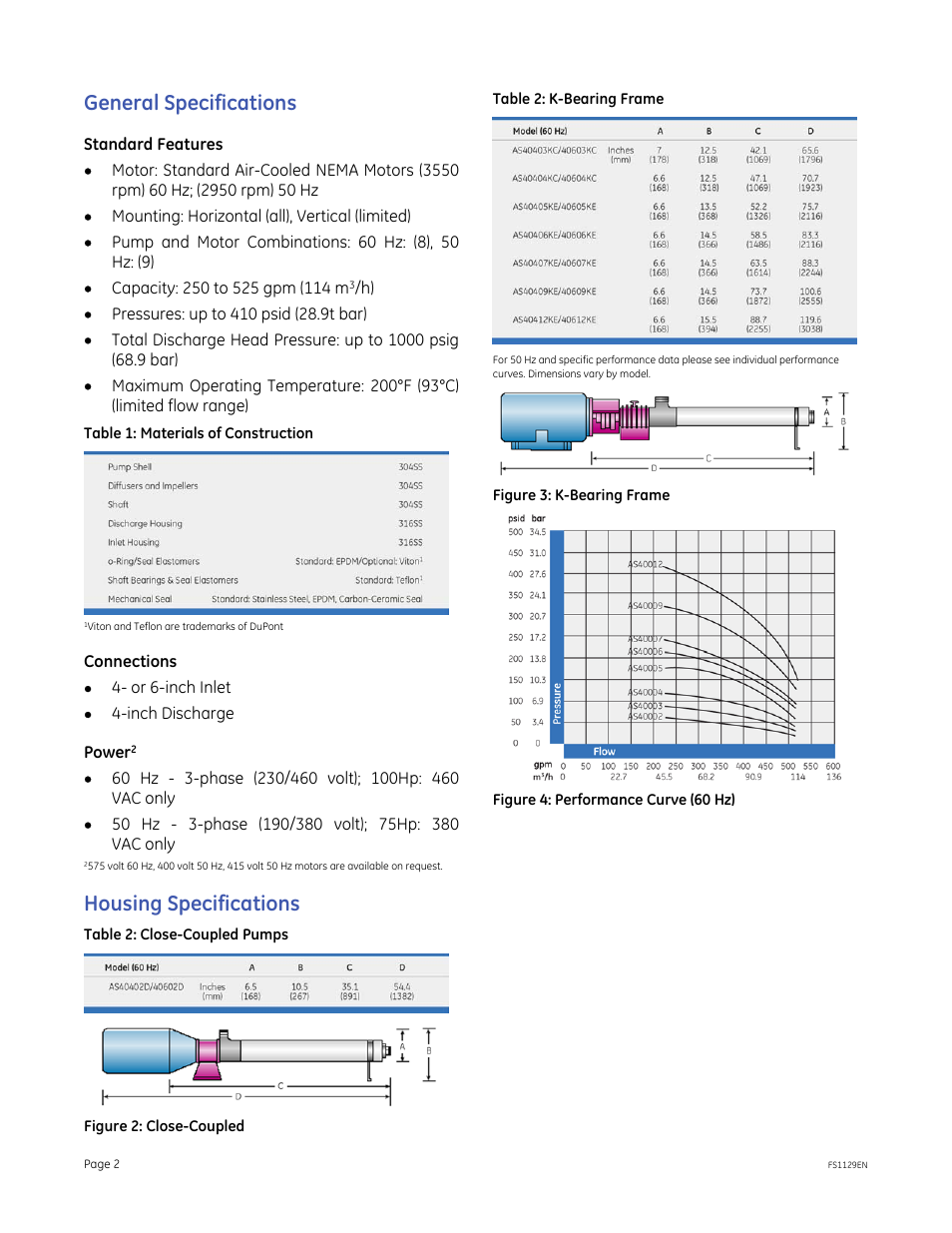 General specifications, Housing specifications | GE P&W Tonkaflo - Pumps AS 40K Series User Manual | Page 2 / 2