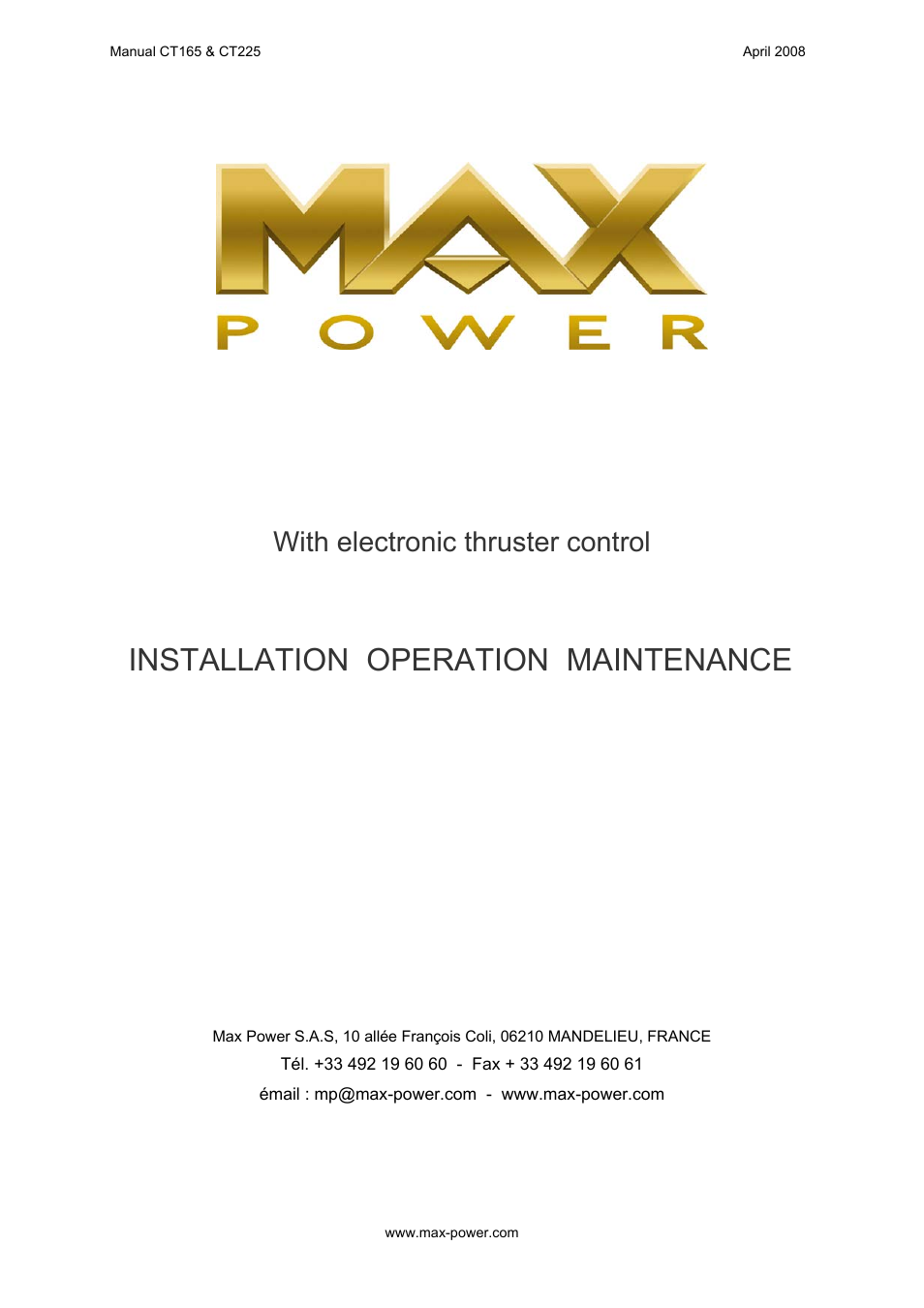 MAX Power CT165 Electric Tunnel Thruster User Manual | 19 pages