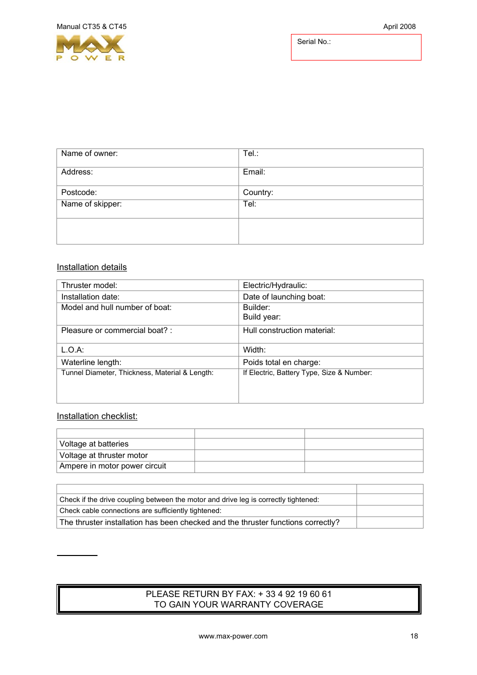 MAX Power CT45 Electric Tunnel Thruster User Manual | Page 19 / 19