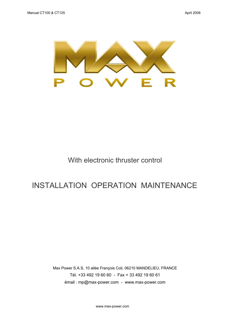 MAX Power CT100 Electric Tunnel Thruster Serials: 42250 ~ 83327 User Manual | 19 pages