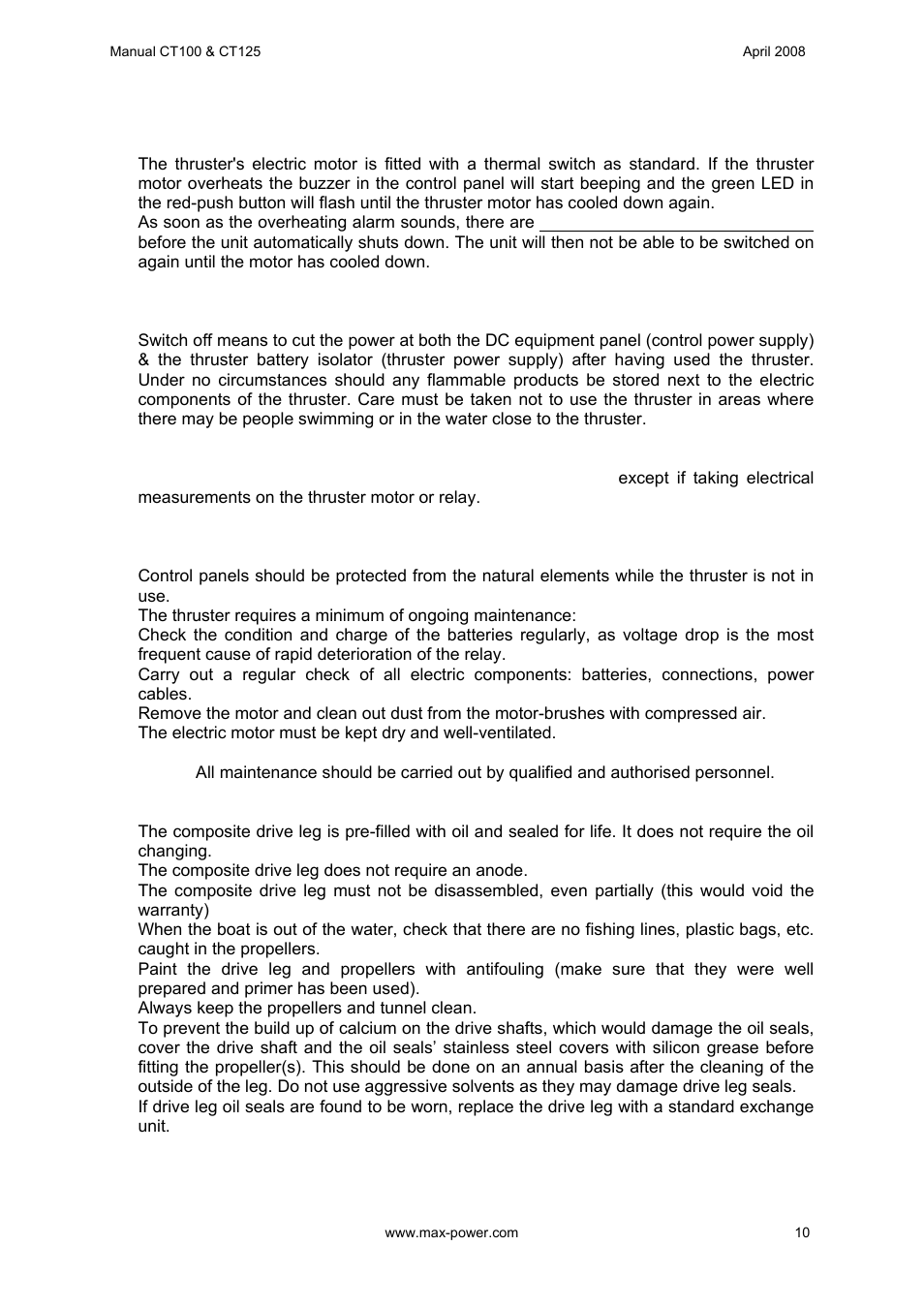 MAX Power CT100 Electric Tunnel Thruster Serials: 42250 ~ 83327 User Manual | Page 11 / 19