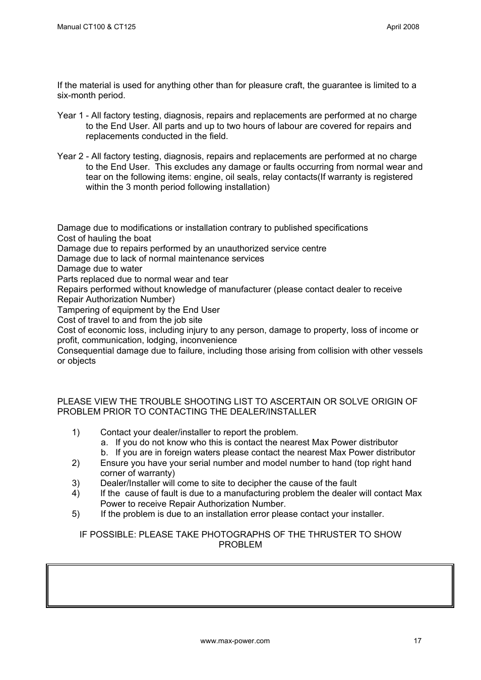 MAX Power CT100 Electric Tunnel Thruster Serials: 42250 ~ 83327 User Manual | Page 18 / 19
