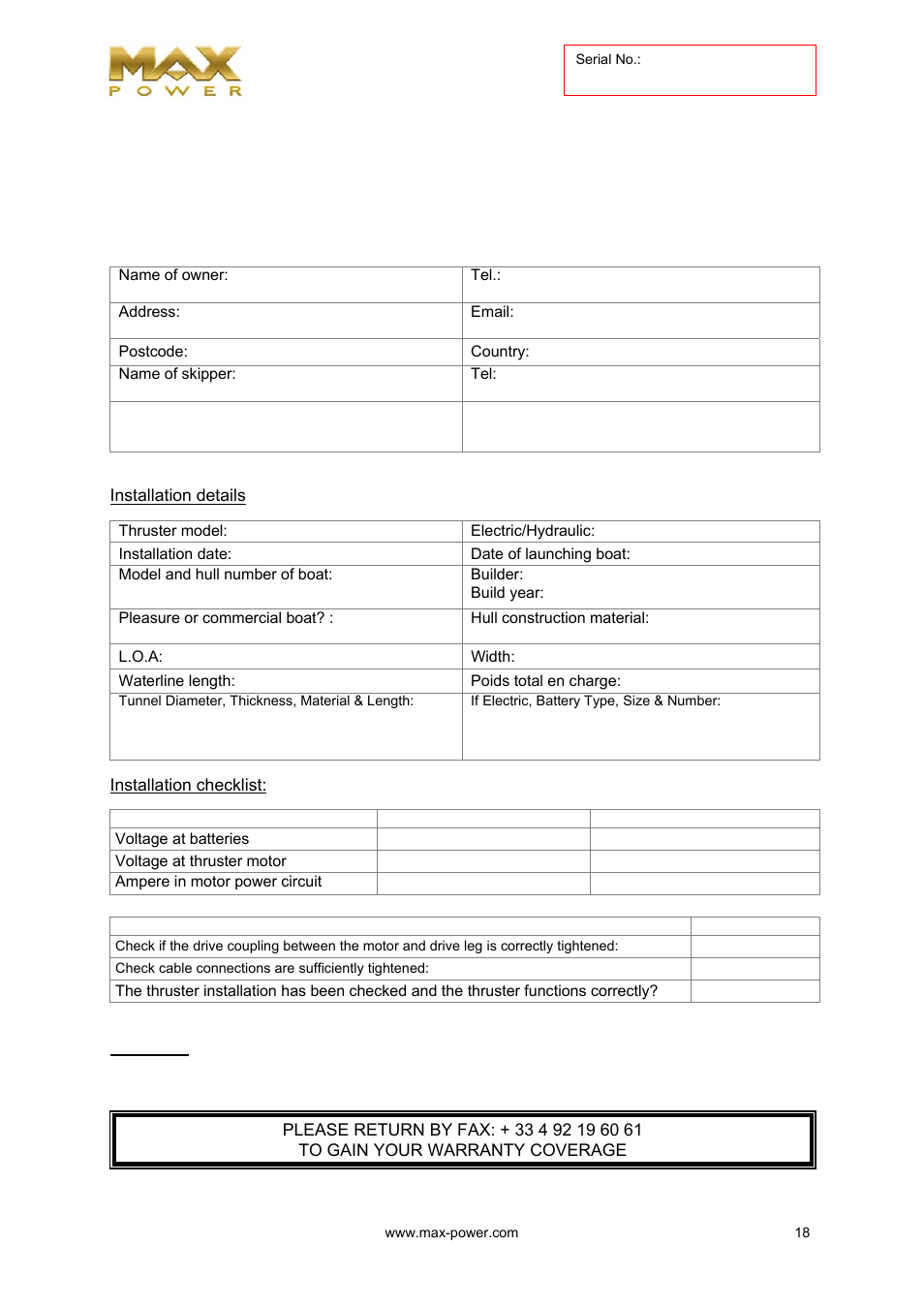 MAX Power CT100 Electric Tunnel Thruster Serials: 42250 ~ 83327 User Manual | Page 19 / 19