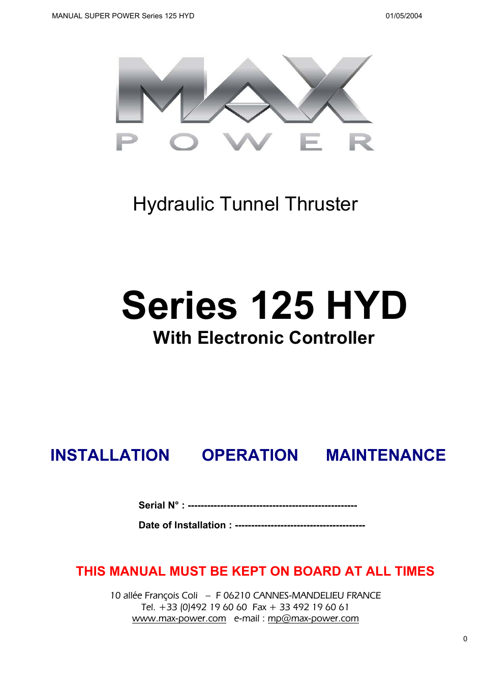 MAX Power HYD125 Hydraulic Tunnel Thruster User Manual | 20 pages