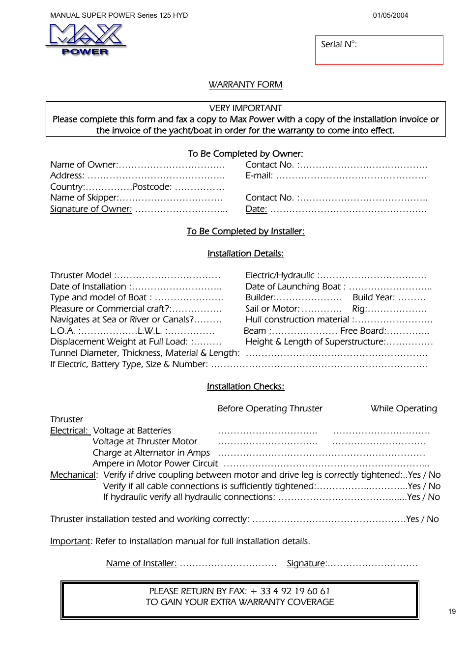 MAX Power HYD125 Hydraulic Tunnel Thruster User Manual | Page 20 / 20