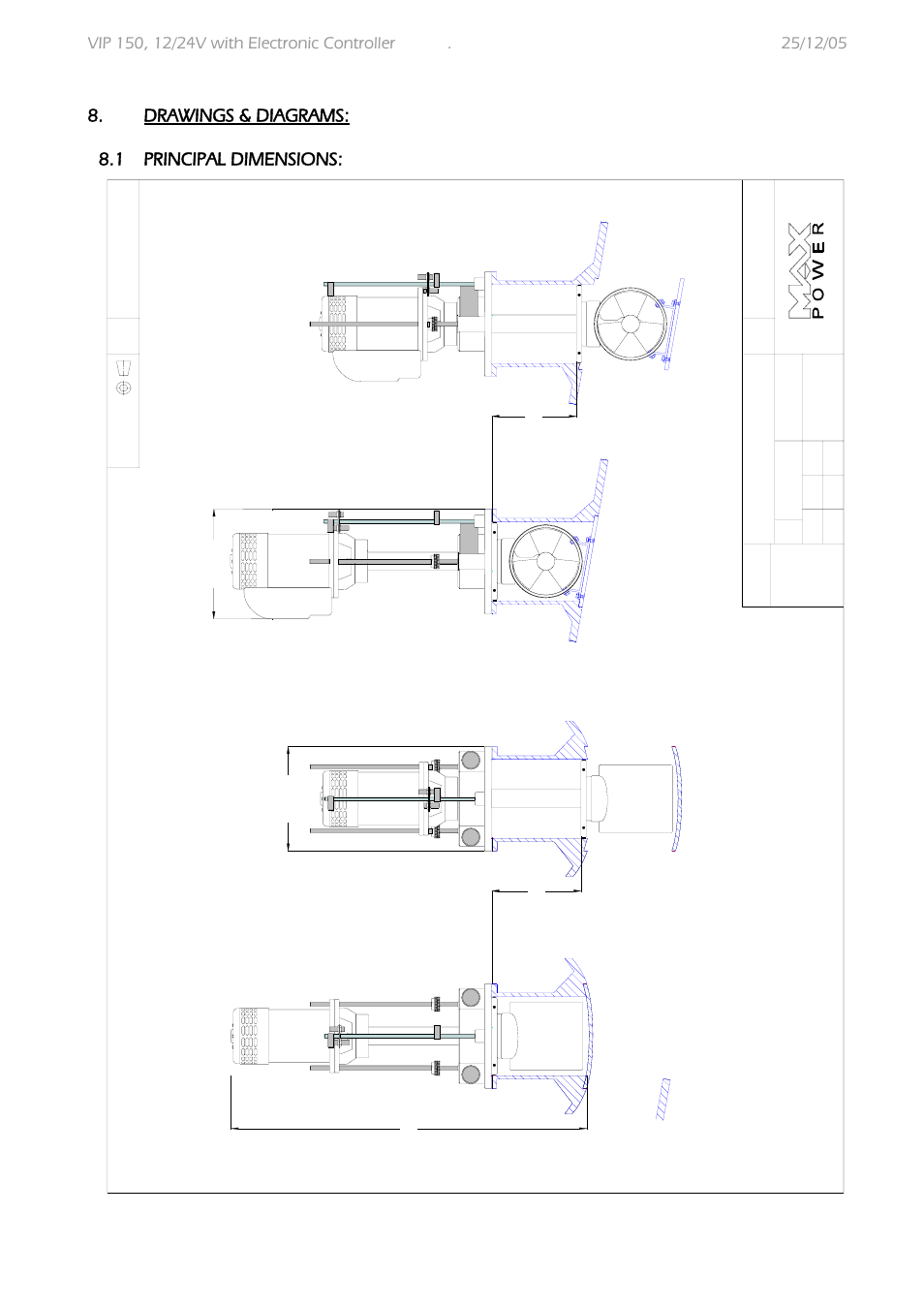 Drawings & diagrams: 8.1 principal dimensions | MAX Power VIP 150 Electric Retractable Thruster User Manual | Page 17 / 29