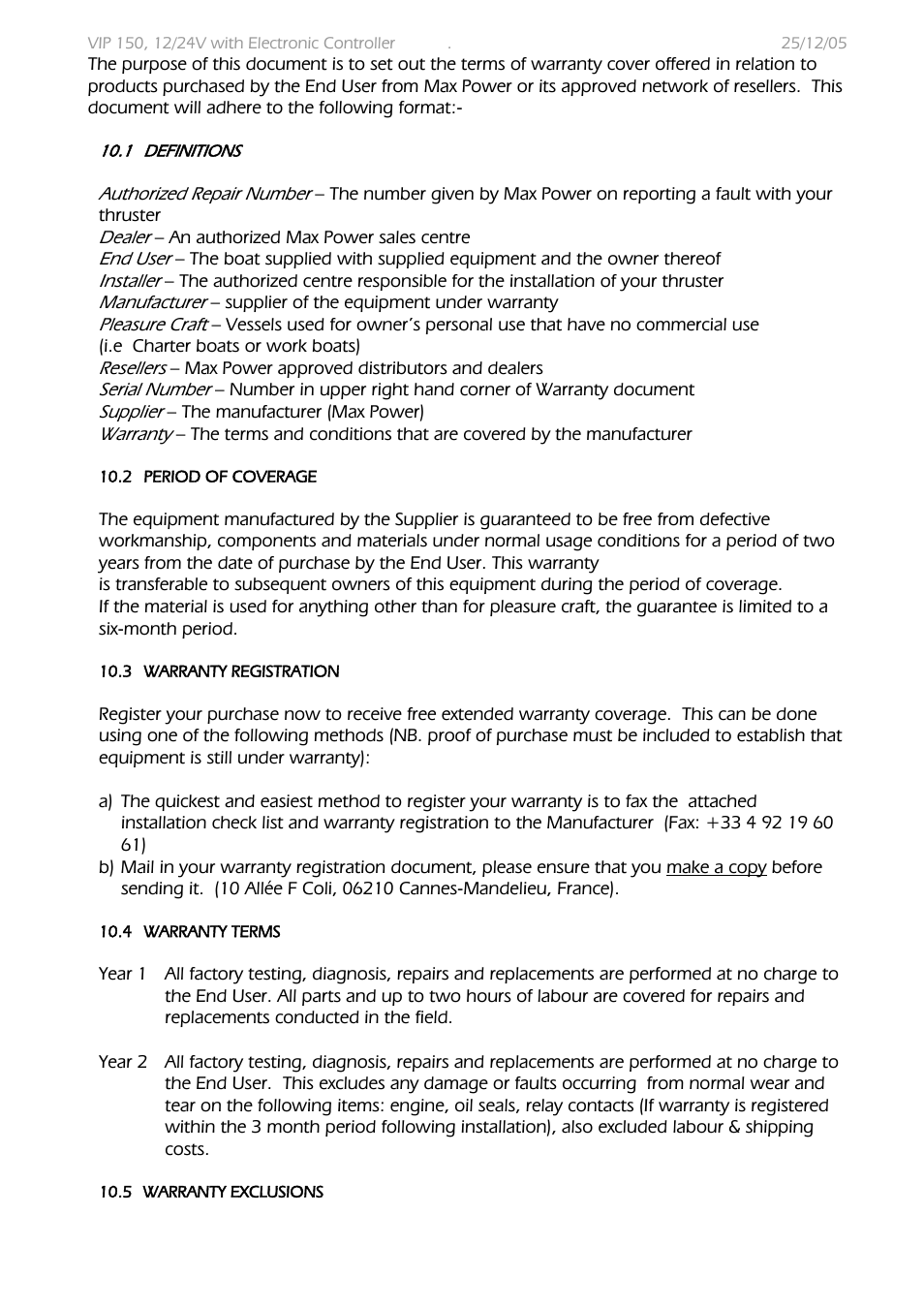 MAX Power VIP 150 Electric Retractable Thruster User Manual | Page 25 / 29