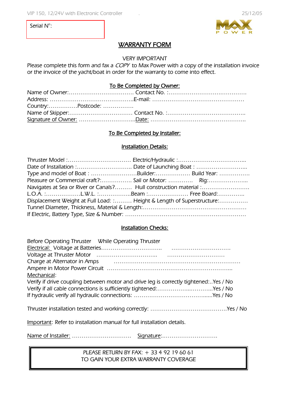 MAX Power VIP 150 Electric Retractable Thruster User Manual | Page 29 / 29