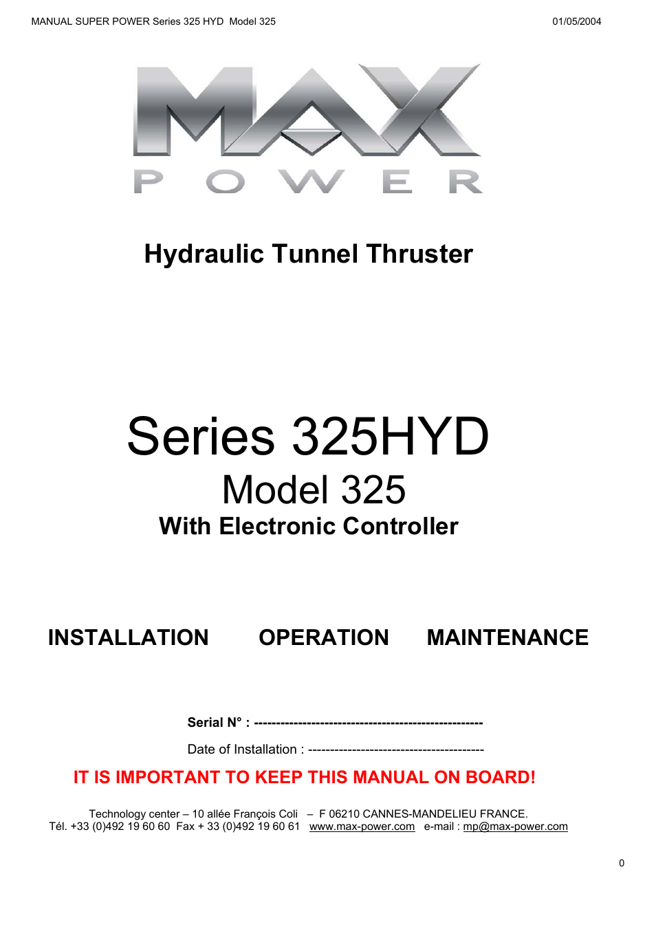 MAX Power HYD325_325 Hydraulic Tunnel Thruster User Manual | 20 pages