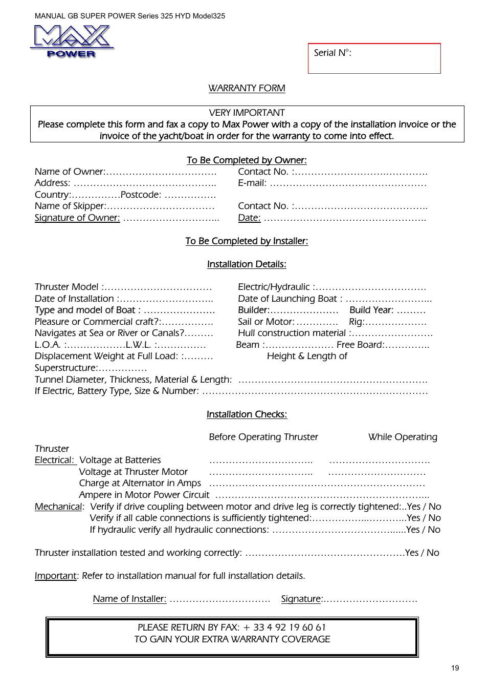MAX Power HYD325_325 Hydraulic Tunnel Thruster User Manual | Page 20 / 20