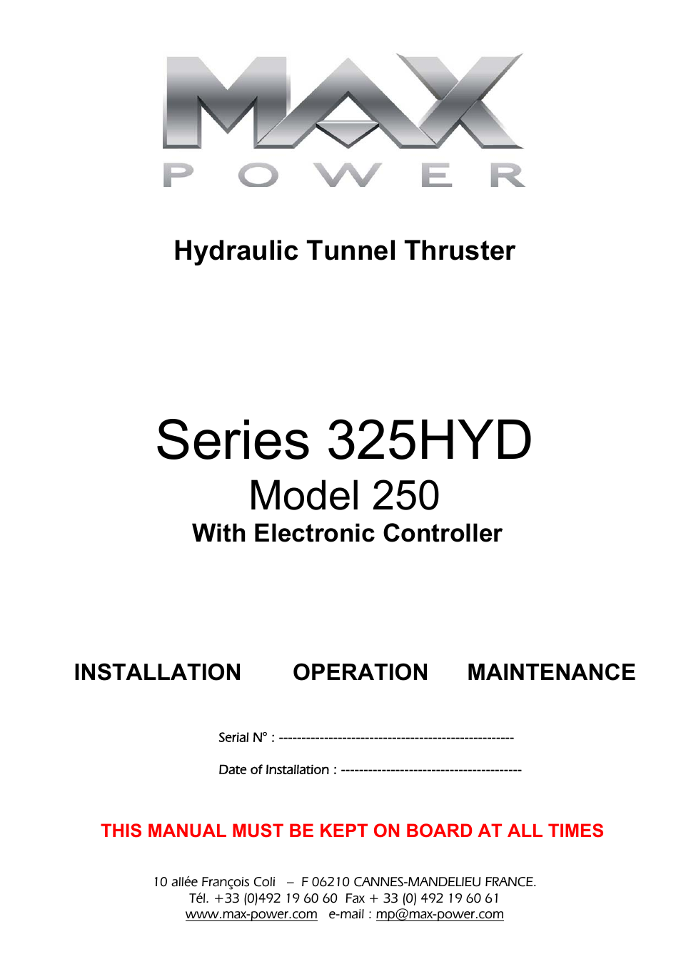 MAX Power HYD325_250 Hydraulic Tunnel Thruster User Manual | 20 pages