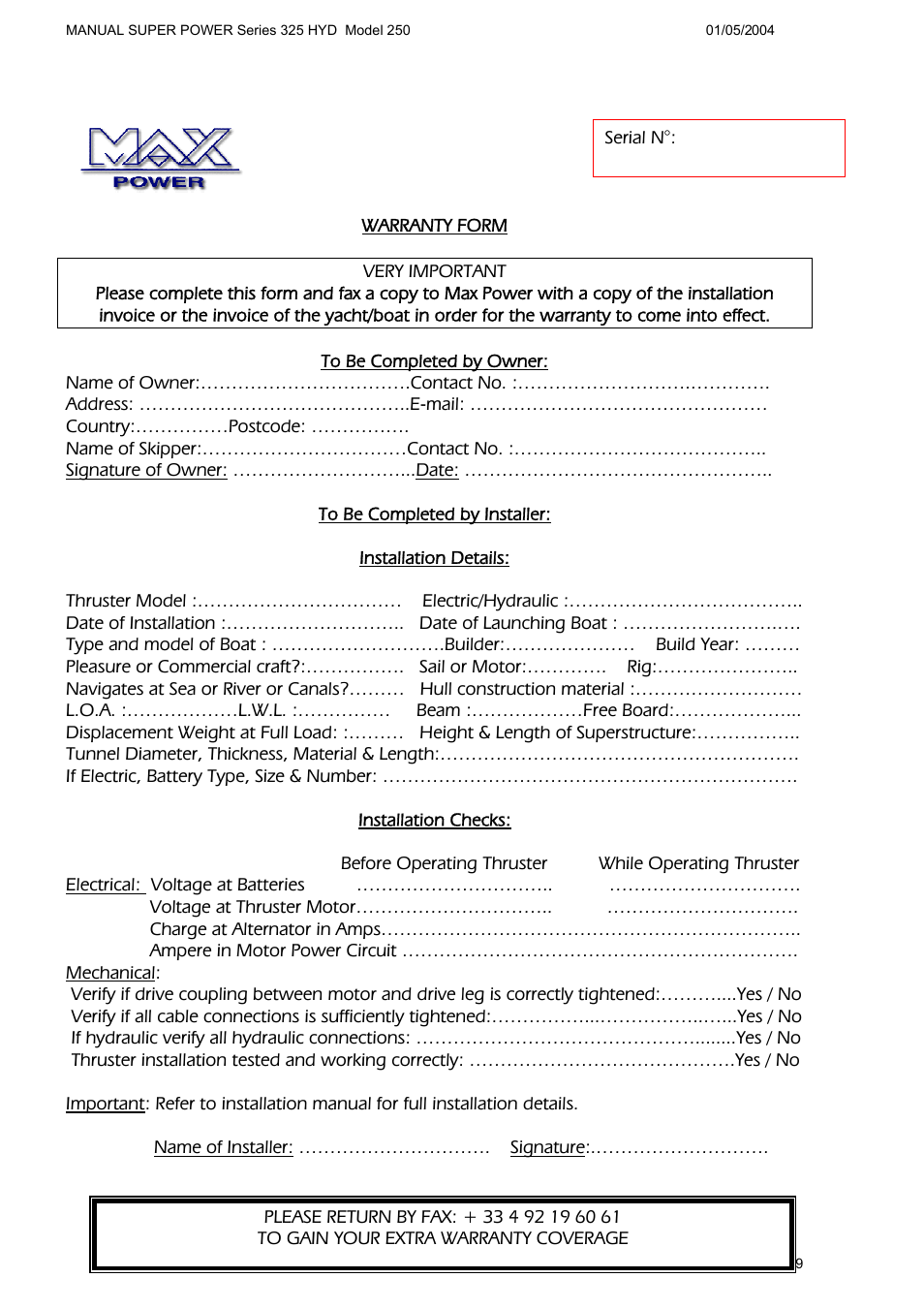 MAX Power HYD325_250 Hydraulic Tunnel Thruster User Manual | Page 20 / 20