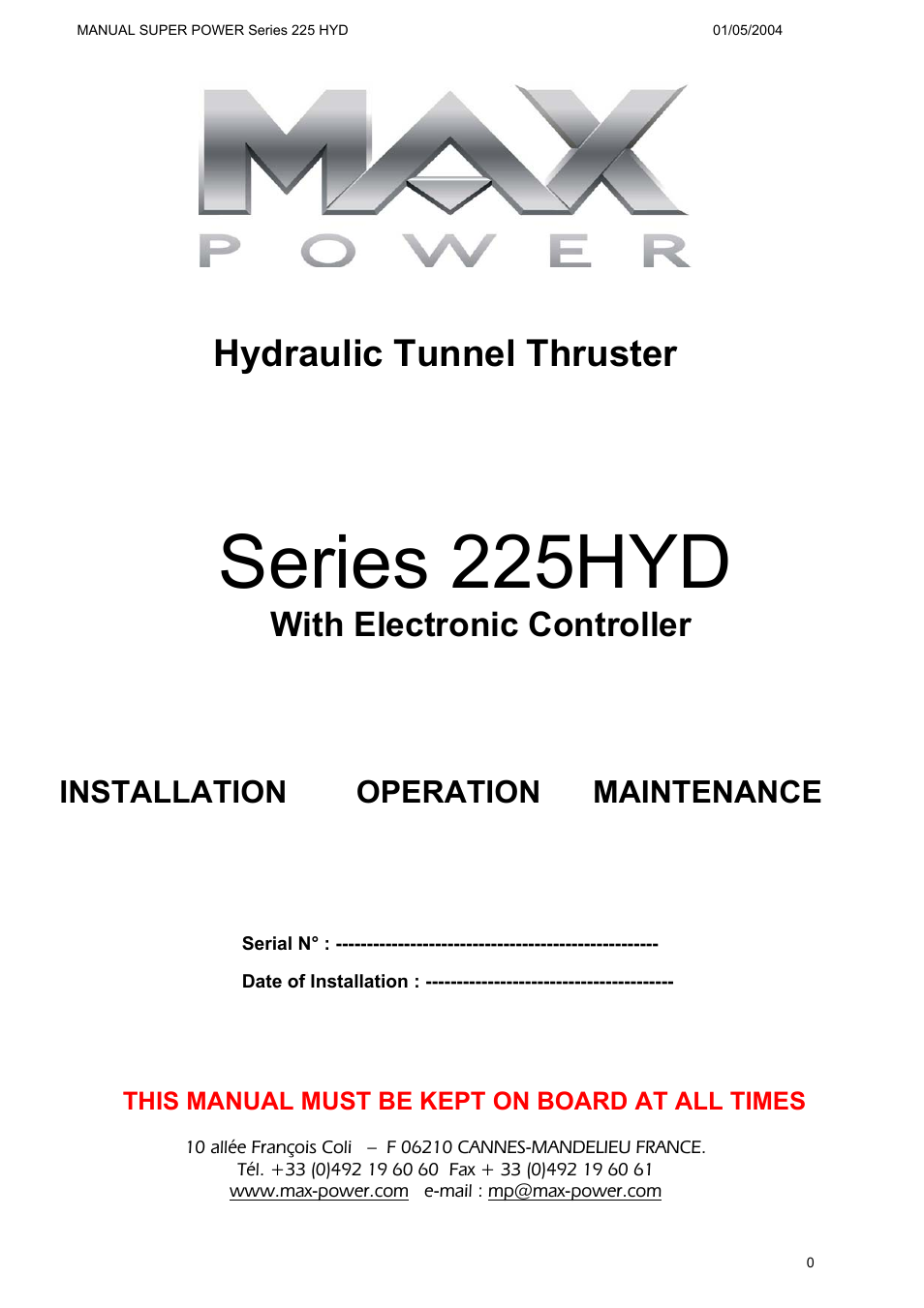 MAX Power HYD225 Hydraulic Tunnel Thruster User Manual | 20 pages