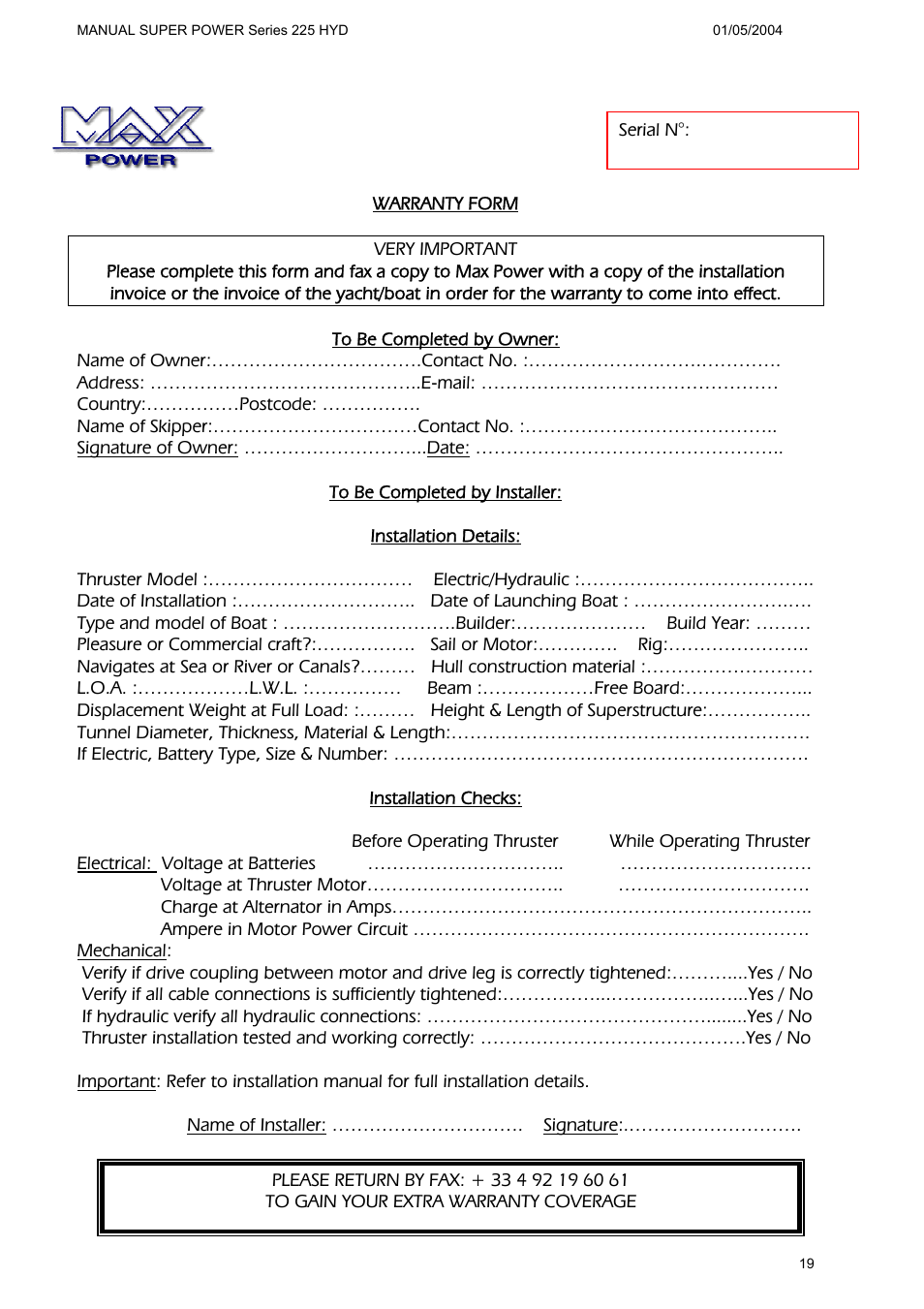 MAX Power HYD225 Hydraulic Tunnel Thruster User Manual | Page 20 / 20