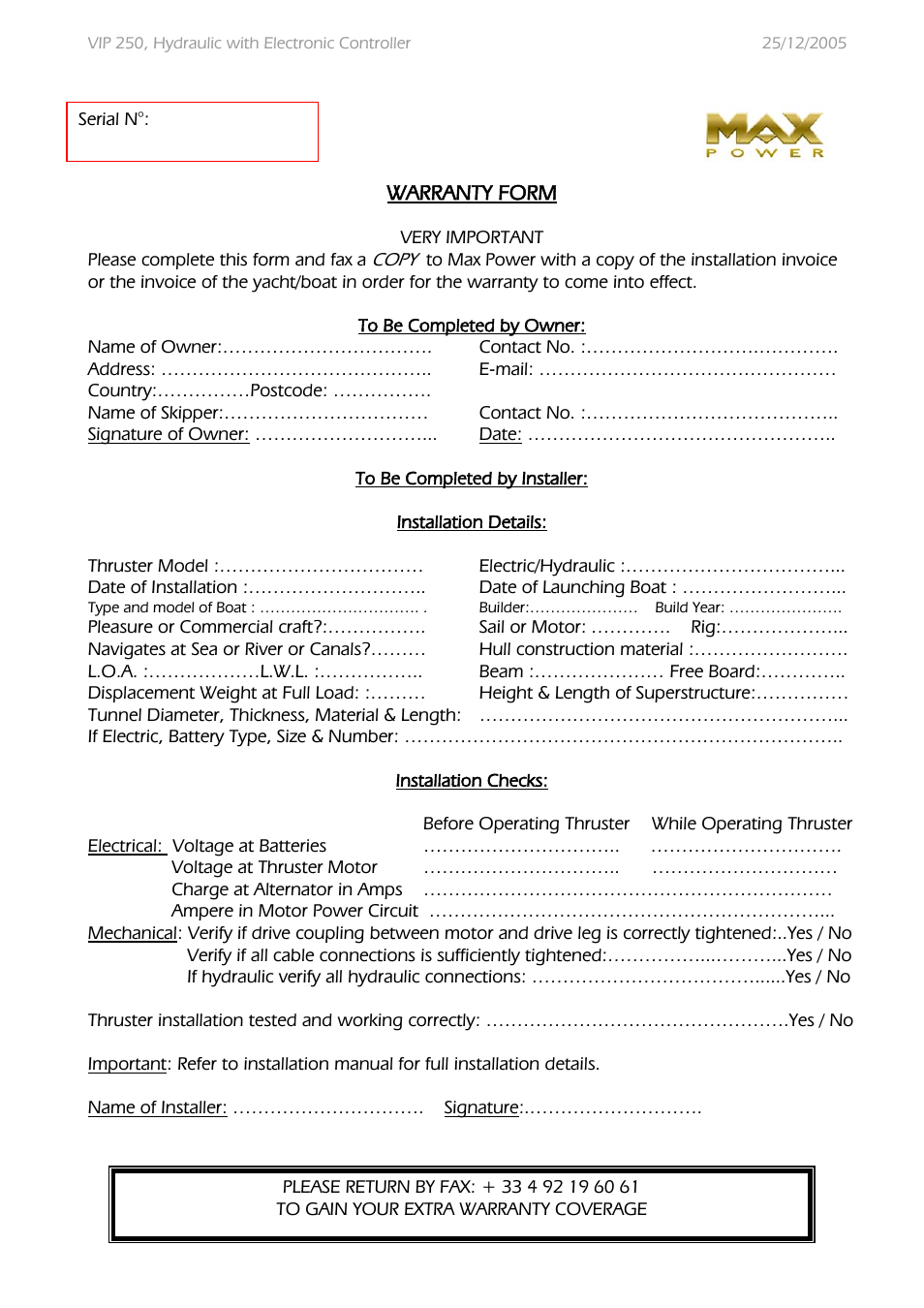 Warranty form | MAX Power VIP250-HYD User Manual | Page 32 / 32