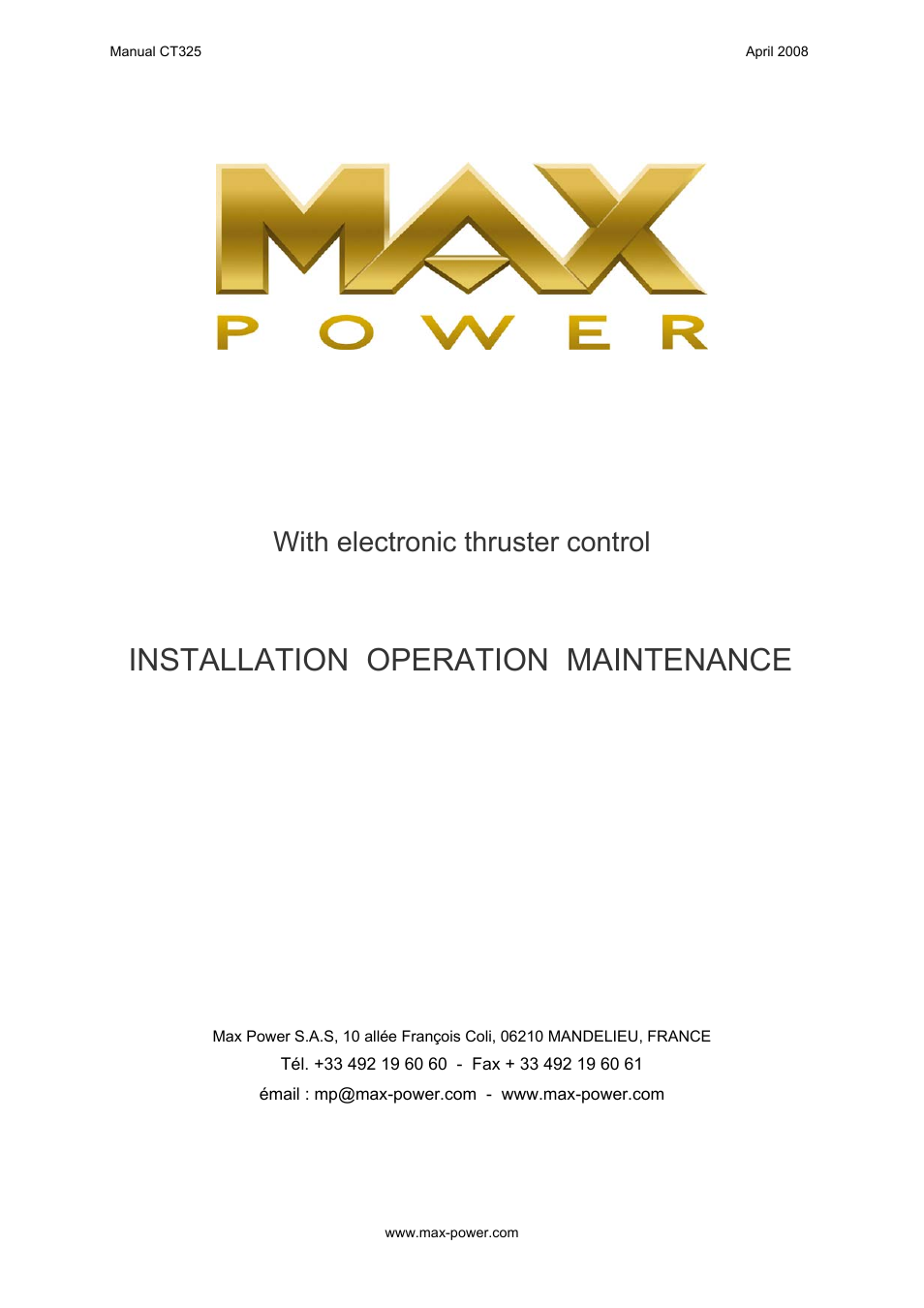MAX Power CT325 Electric Tunnel Thruster User Manual | 20 pages