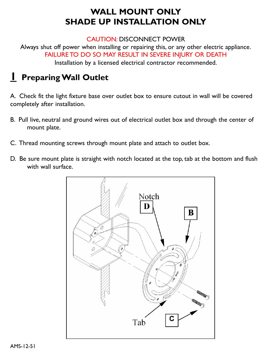 Wall mount only shade up installation only, Preparing wall outlet | Newport Brass 22-51 & 52 User Manual | Page 2 / 3