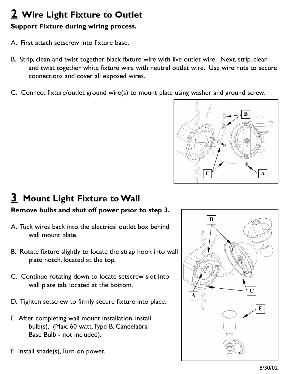 Wire light fixture to outlet, Mount light fixture to wall | Newport Brass 22-51 & 52 User Manual | Page 3 / 3